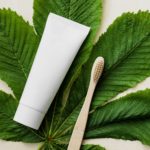 no label toothpaste with a bamboo toothbrush on a big green leaf