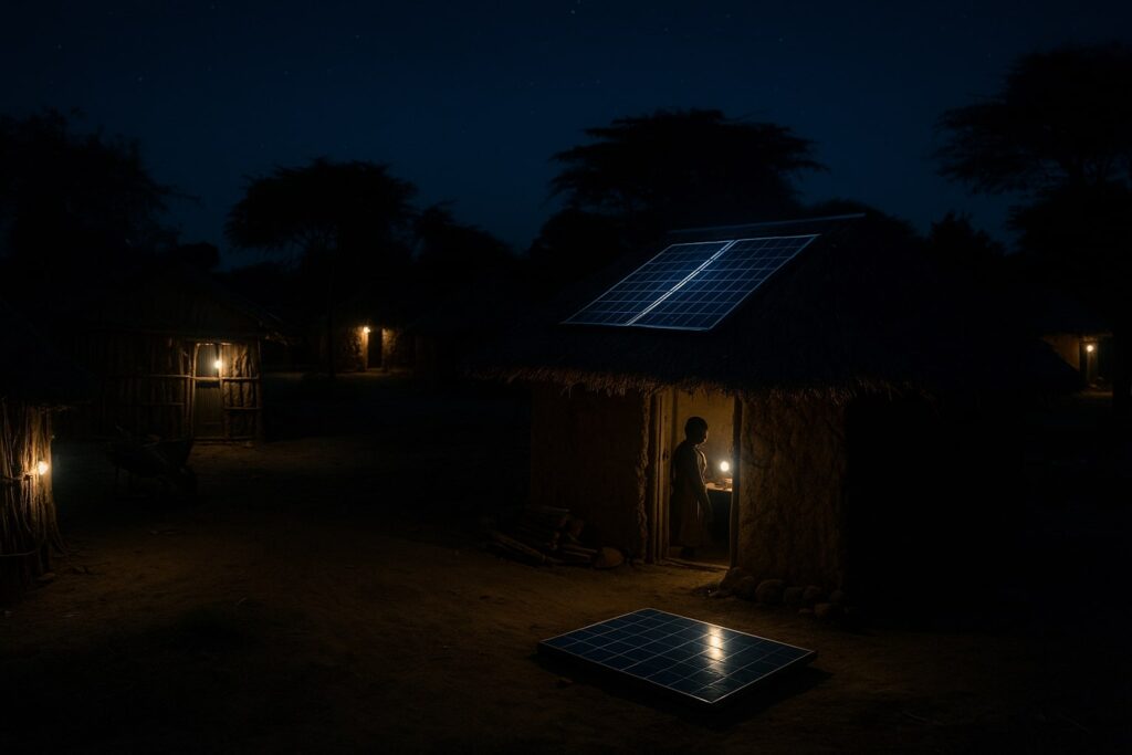 Dorf in der Nacht, schwach erleuchtet mit solarbetriebenen Lampen