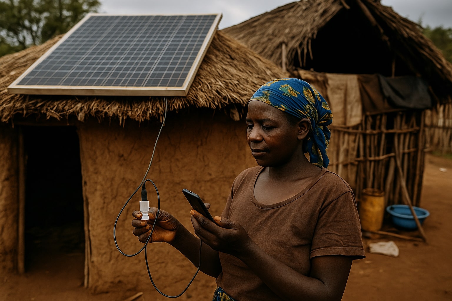 Frau lädt Telefon an Solarzellen